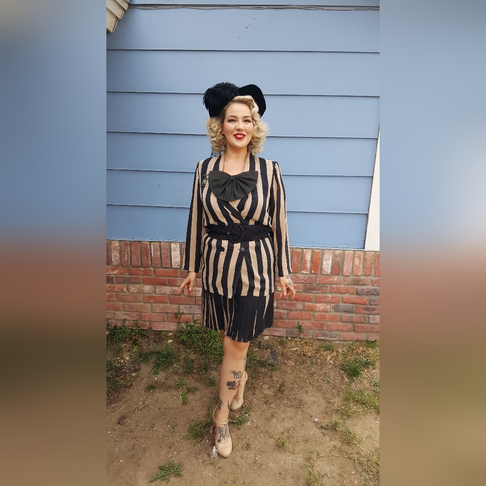 Vintage 80's Striped Black and Tan Dress with Bow Detail